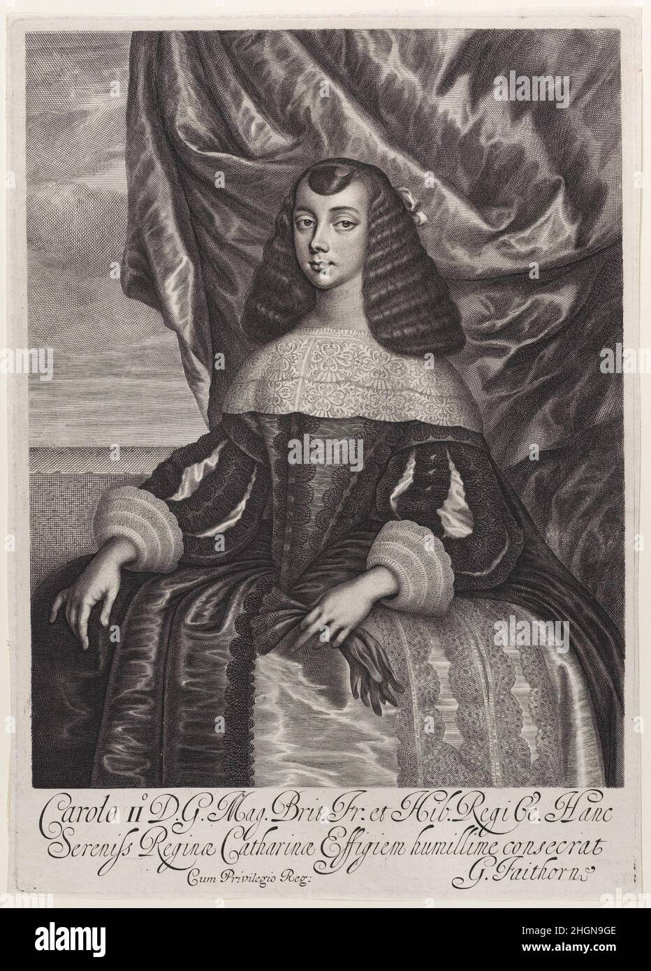 Catherine of Braganza 1662 William Faithorne the Elder Faithorned based this print on a portrait that Dirk Stoop painted of the Portuguese princess Catherine of Braganaza in 1661 as her marriage to King Charles II was being negotiated--the painting was then sent to England. Catherine wears a dress of Portuguese fashion with a wide flat lace collar and wide skirts. She arrived in Portsmouth on May 13, 1662 and the marriage took place on May 21. Faithorne's engraving was made around this time to satisfy English curiosity about Catherine's appearance.. Catherine of Braganza. After Dirck Stoop (Du Stock Photo