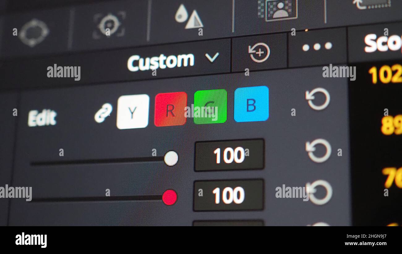 Color grading graph or RGB colour correction indicator on monitor in post production process