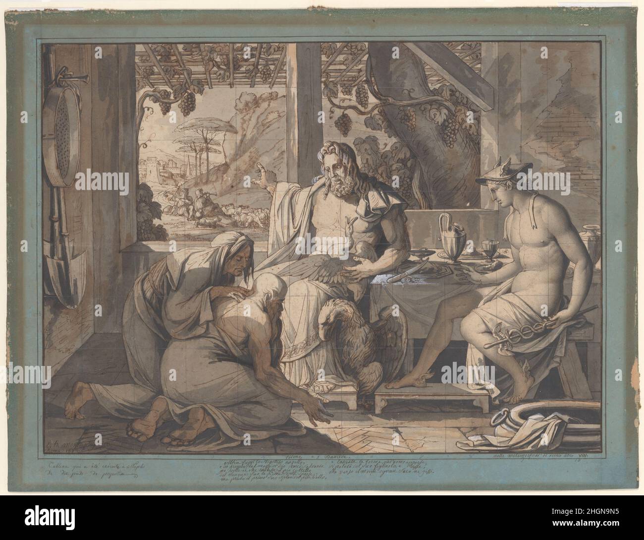 Jupiter and Mercury reveal themselves to Philemon and Baucis 1809 Elie-Honoré Montagny This drawing depicts the story of Baucis and Philemon, which is taken from Ovid’s Metamorphoses (VIII,611). Its central theme is the virtue of hospitality. Jupiter and Mercury—in disguise—are turned away from every house in the village before the elderly couple invite them in and offer to share their meager meal. Montagny does not show the gods in disguise, but illustrates instead the moment when the divinity of the guests is revealed to the couple. Upon their death, they were transformed into a pair of inte Stock Photo