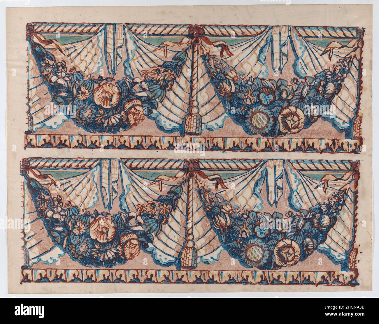 Sheet with a two borders with hanging drapery and two blue floral ...