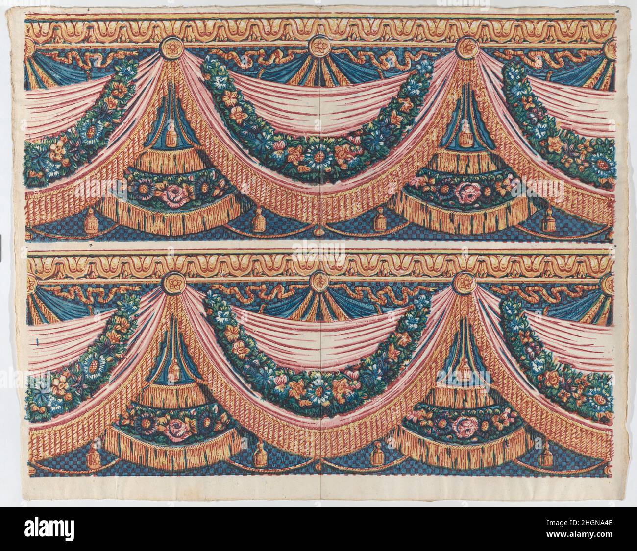 Sheet with two borders with draped curtains and floral garlands late ...