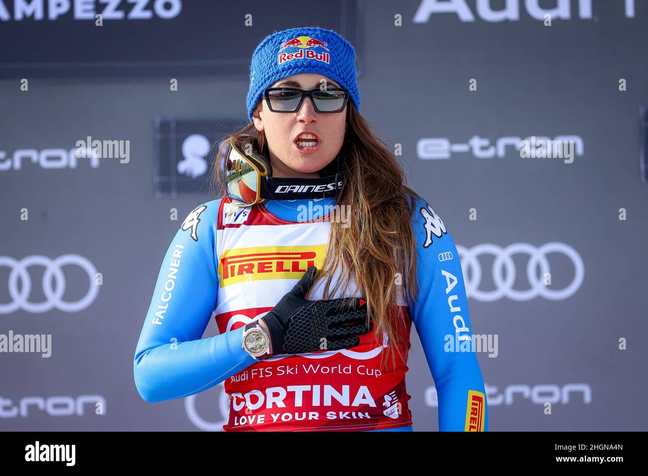 Olympia slope, Cortina d'Ampezzo, Italy, January 22, 2022, GOGGIA Sofia  (ITA) celebrates after winning the first place during 2022 FIS Ski World  Cup - Women's Down Hill - alpine ski race Stock Photo - Alamy