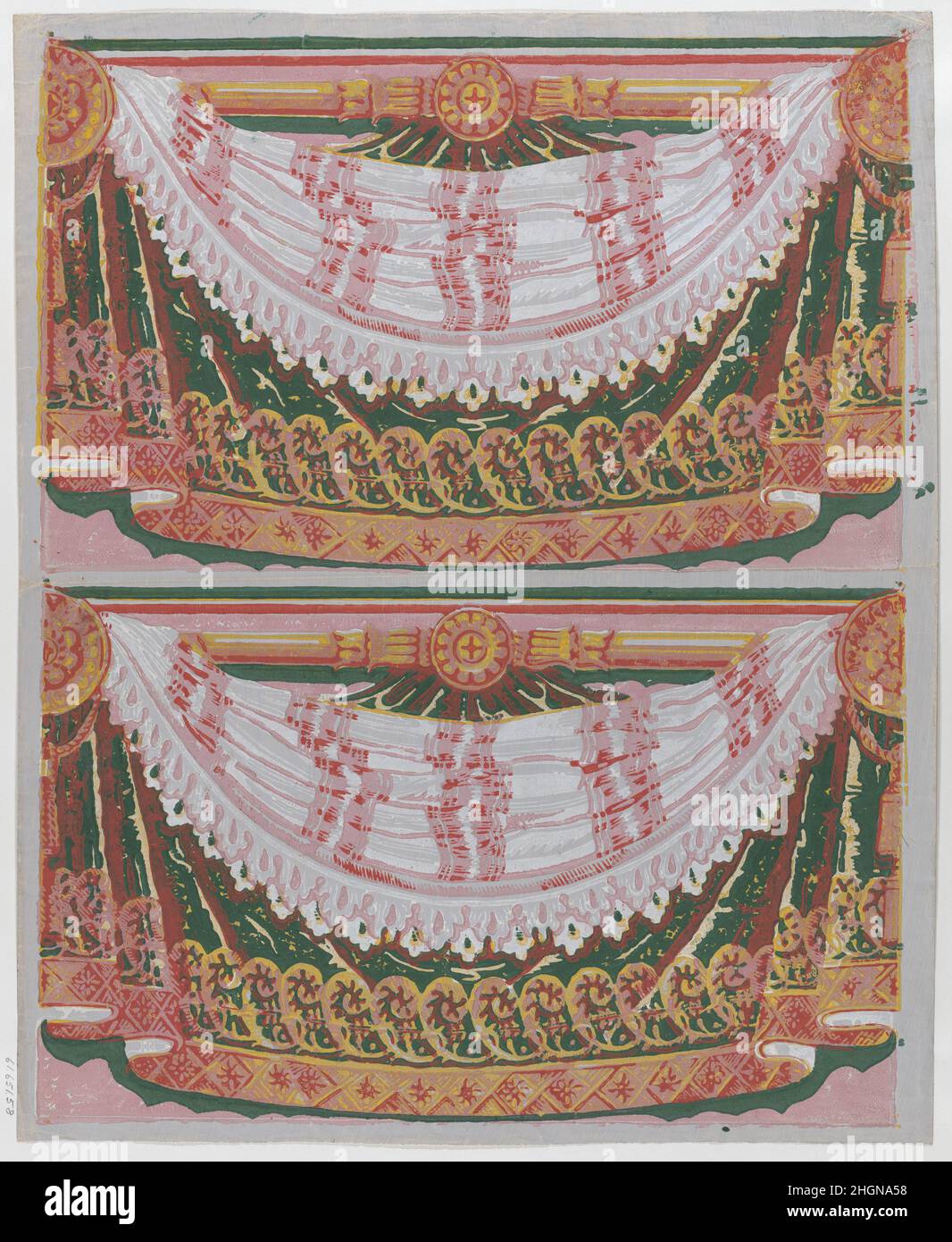 Sheet with two borders with a curved drapery against a curtain late ...