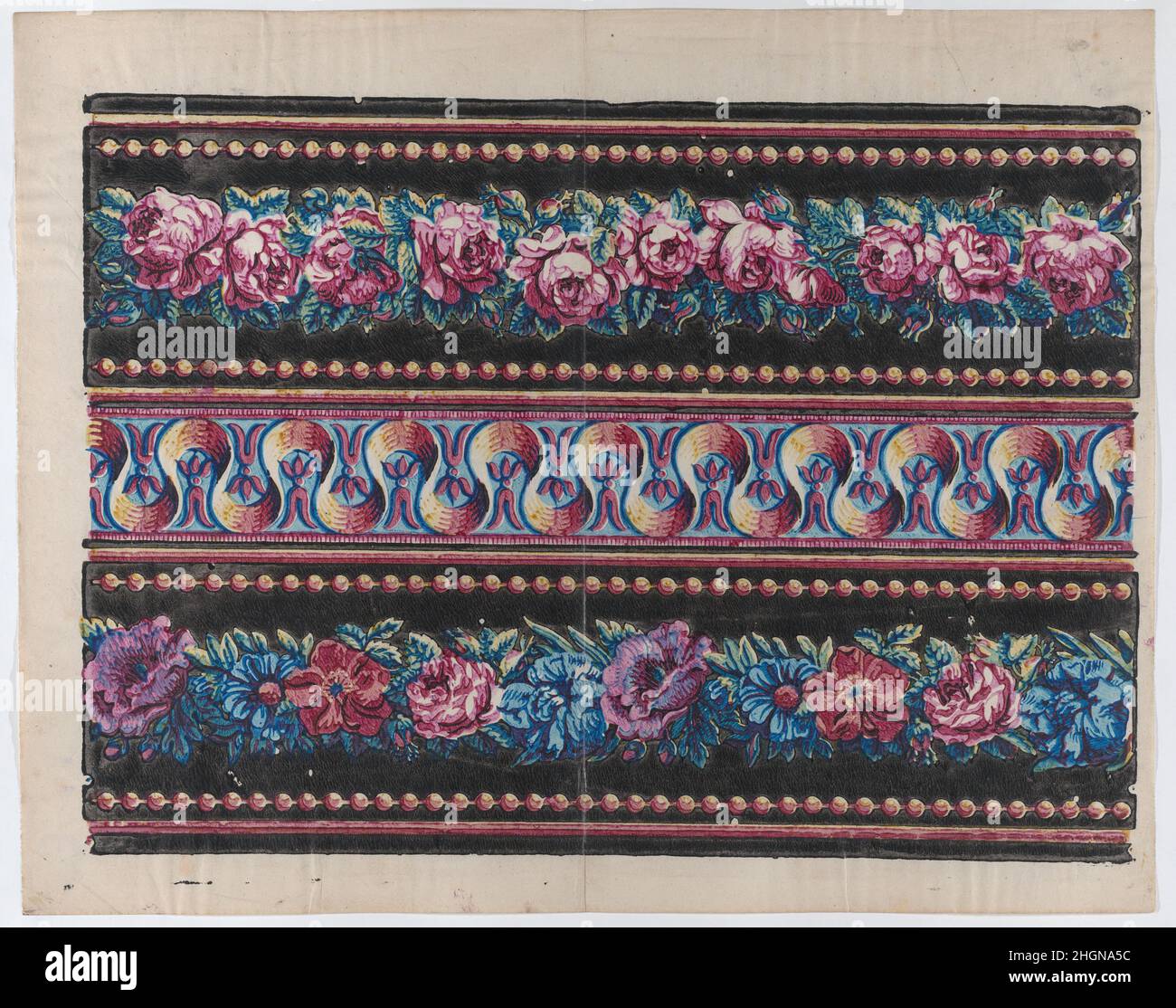 Sheet with a border with pink and multicolor floral garlands on a black ...