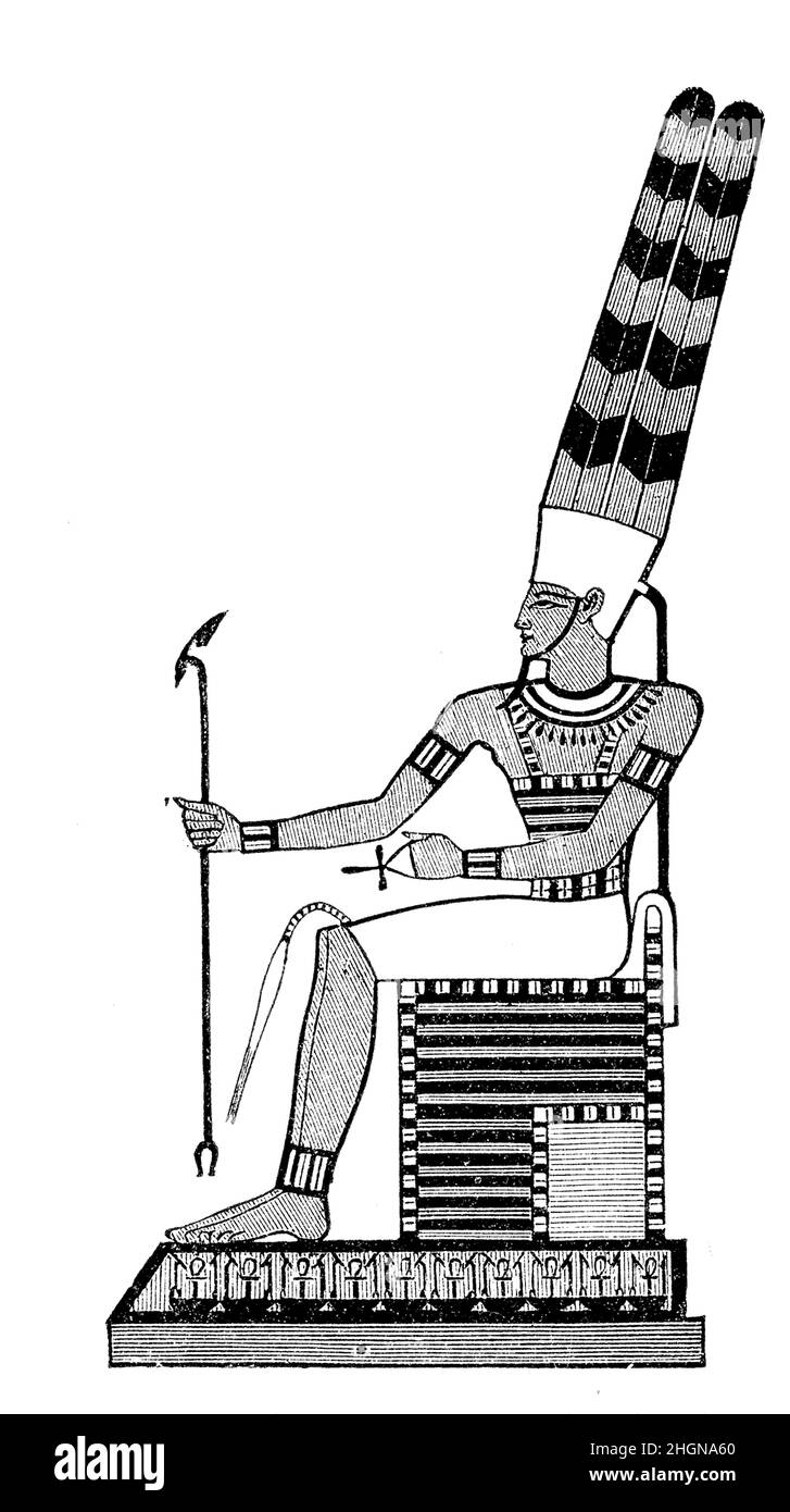 Amun ancient Egypt god depiction sitting on the throne with the ankh symbol, the sceptre and two plumes on his head Stock Photo