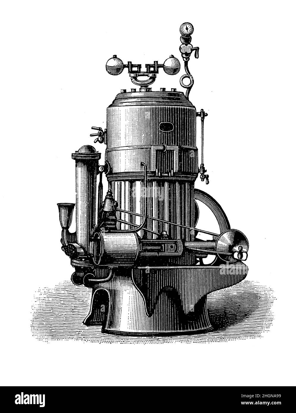 Steam-engine, heat engine producing mechanical work using steam pressure to push a piston inside a cylinder. Stock Photo