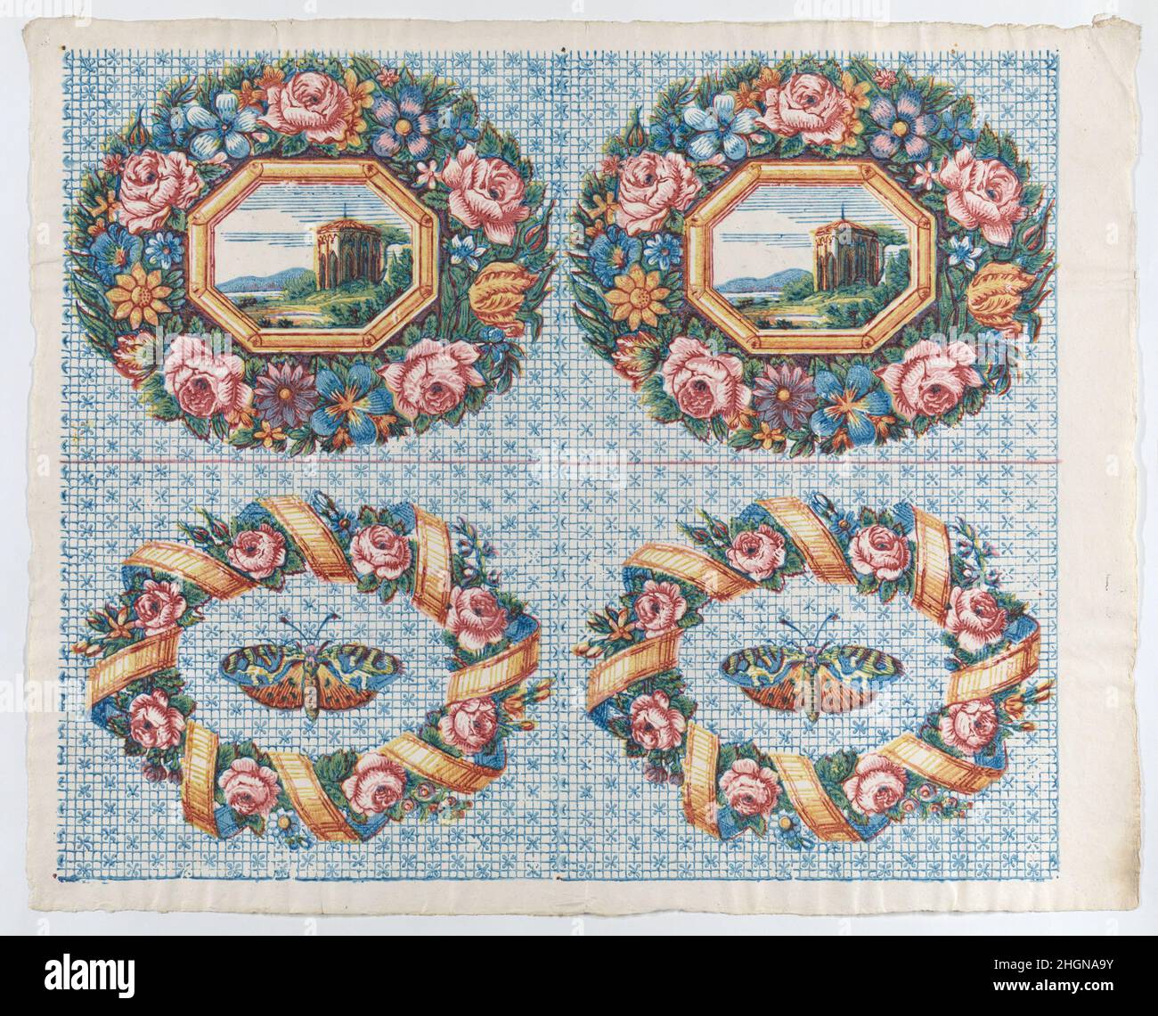 Sheet with two borders with a landscape and moth within wreaths late ...