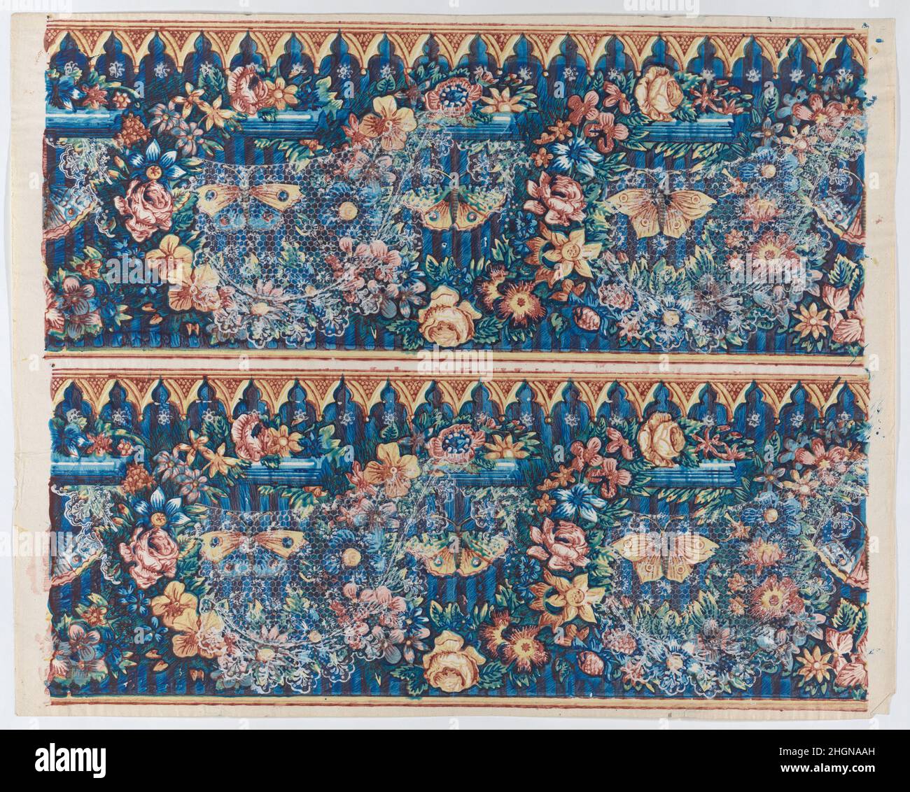 Sheet with two borders with lace atop floral wreaths and butterflies ...