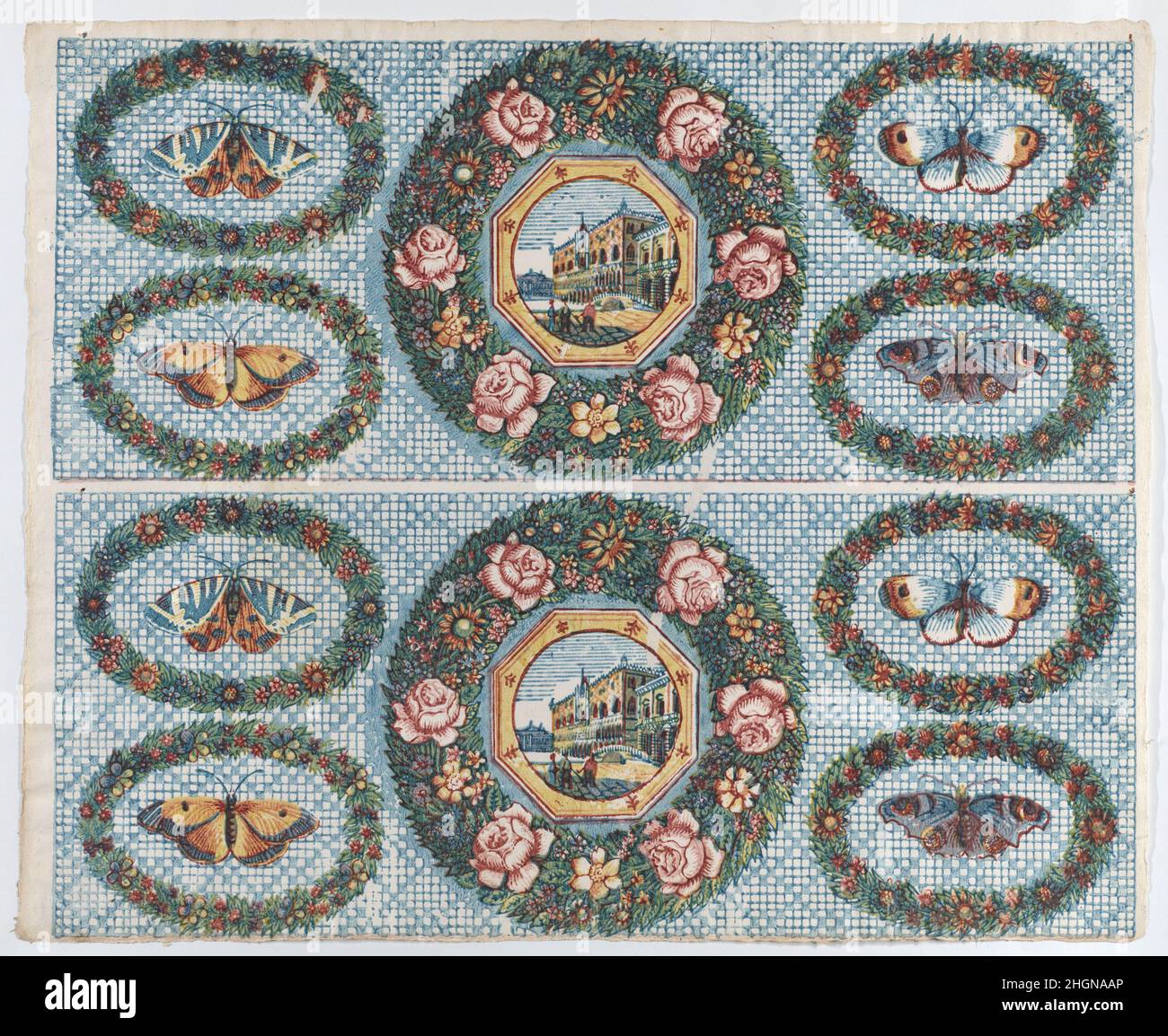 Sheet with two borders with landscapes and moths within wreaths late ...