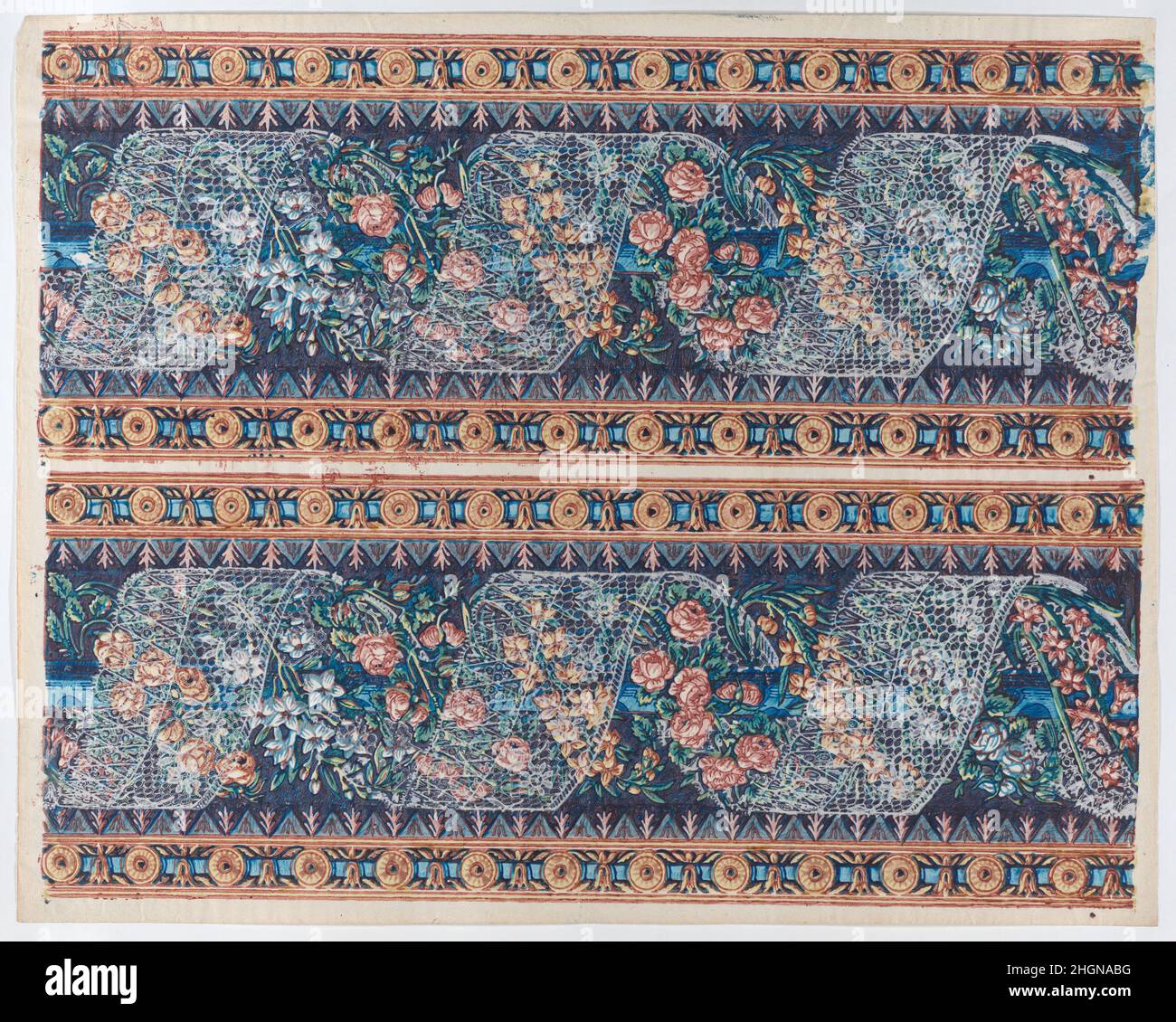 Sheet with two borders with lace atop a floral garland against a navy ...