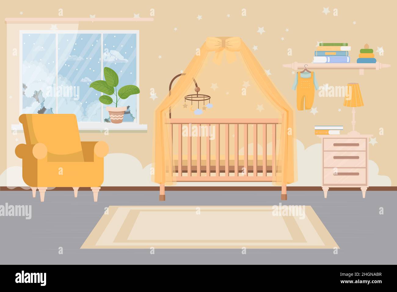 Elegant, modern, comfortable baby toddler bedroom, room interior. Baby