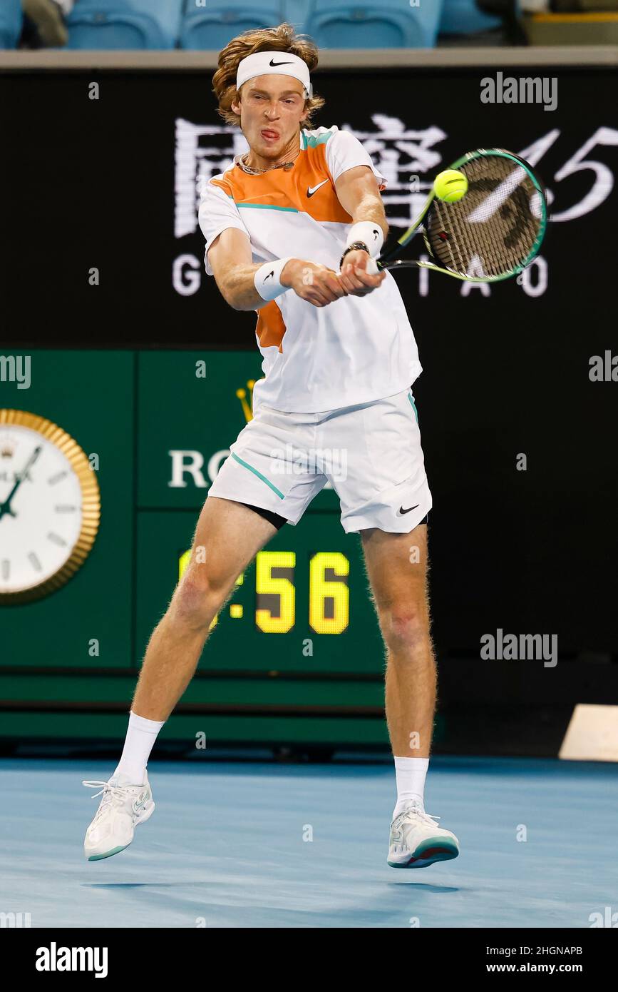 Melbourne, Australia, 22th Jan, 2022. Tennis player Andrey Rublev from  Russia is in action during the