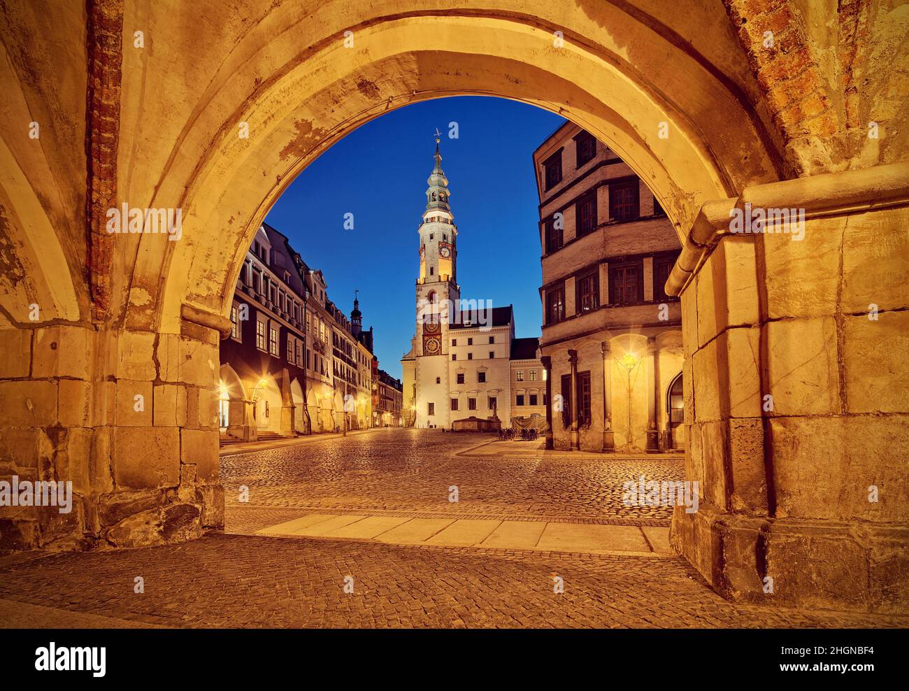 East Germany, Görlitz, Gorlitz - The Old Town Hall with clock tower on the Lower Market Square Stock Photo