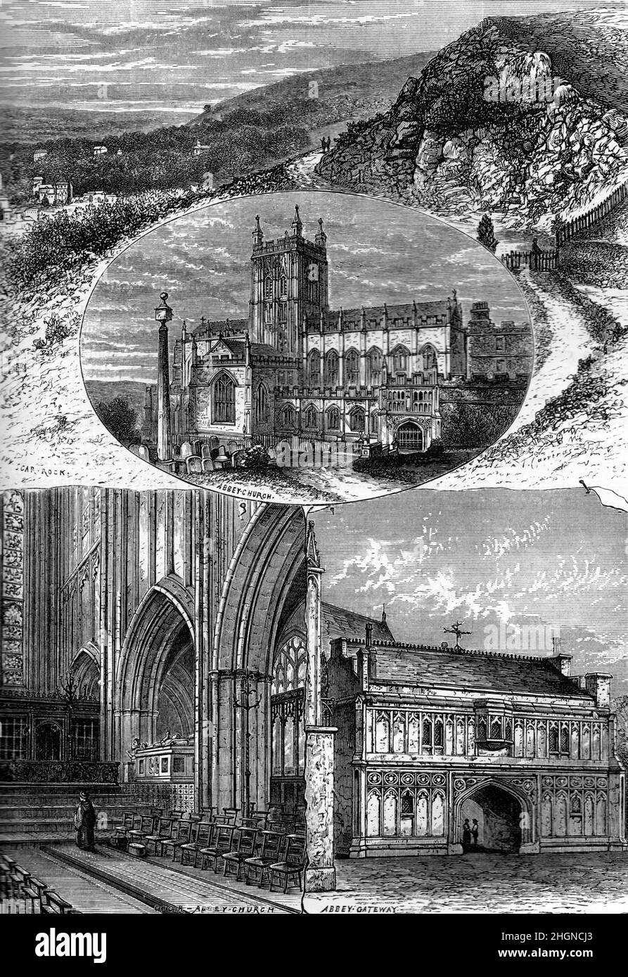 Black and White Illustration; Views in Malvern: Malvern Priory Church and Scar Rock, Malvern Hills; 19th century Stock Photo