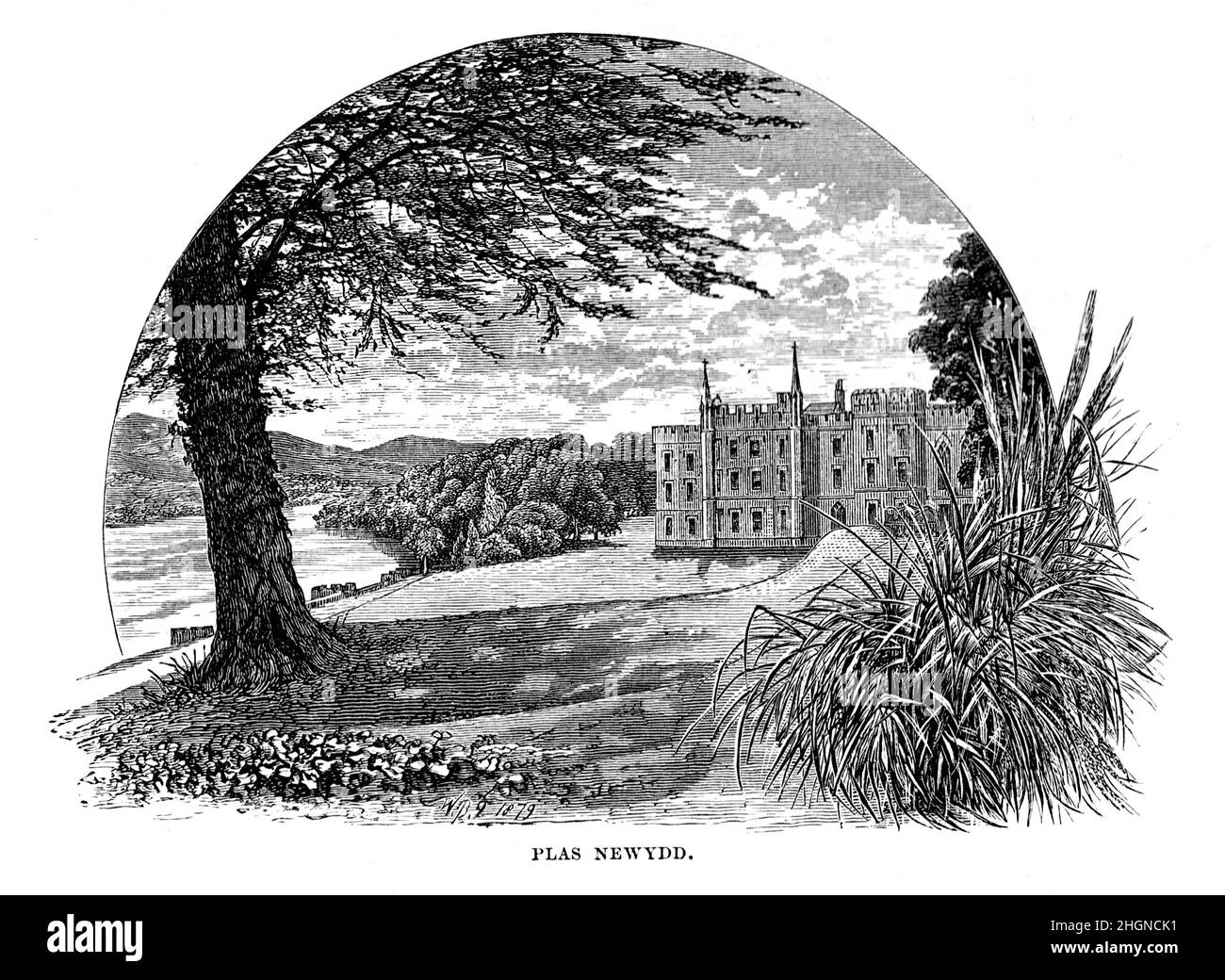 Black and White Illustration; Plas Newydd Country House,  Llanddaniel Fab, near  Llanfairpwllgwyngyll, Anglesey, Wales in the 19th century Stock Photo