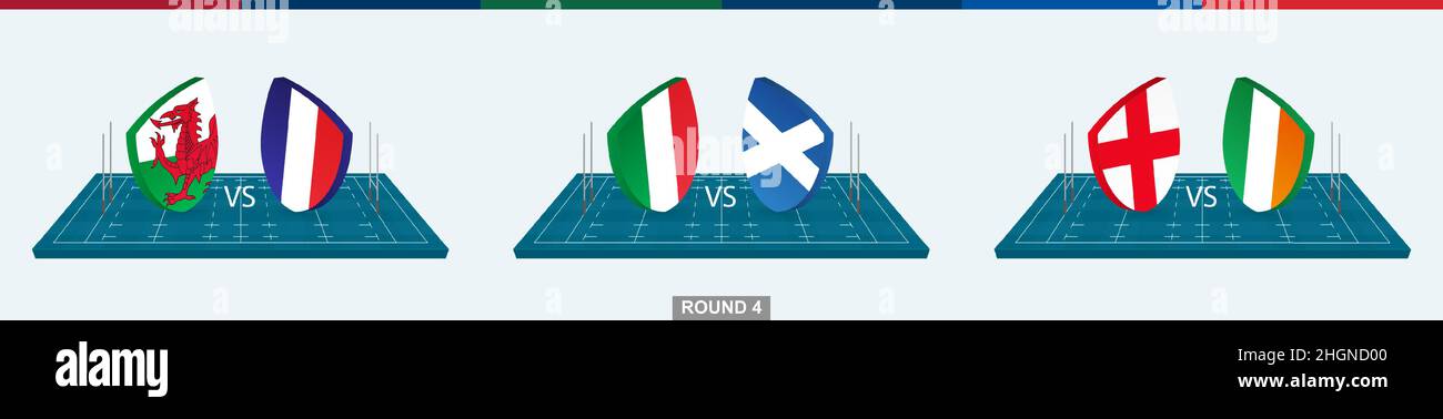 Rugby team Wales vs France, Italy vs Scotland, England vs Ireland on rugby field, teams in rugby championship. Stock Vector