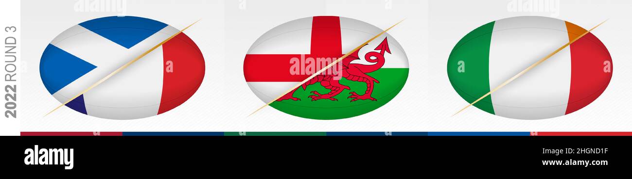 Rugby matches of round three: Scotland versus France, England versus Wales, Ireland versus Italy. Concept for rugby tournament, vector flags stylized Stock Vector