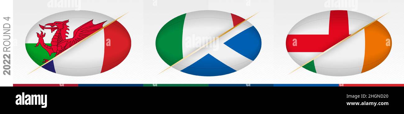 Rugby matches of round four: Wales versus France, Italy versus Scotland, England versus Ireland. Concept for rugby tournament, vector flags stylized R Stock Vector