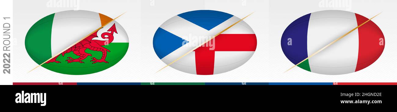 Rugby matches of round one: Ireland versus Wales, Scotland versus England, France versus Italy. Concept for rugby tournament, vector flags stylized Ru Stock Vector