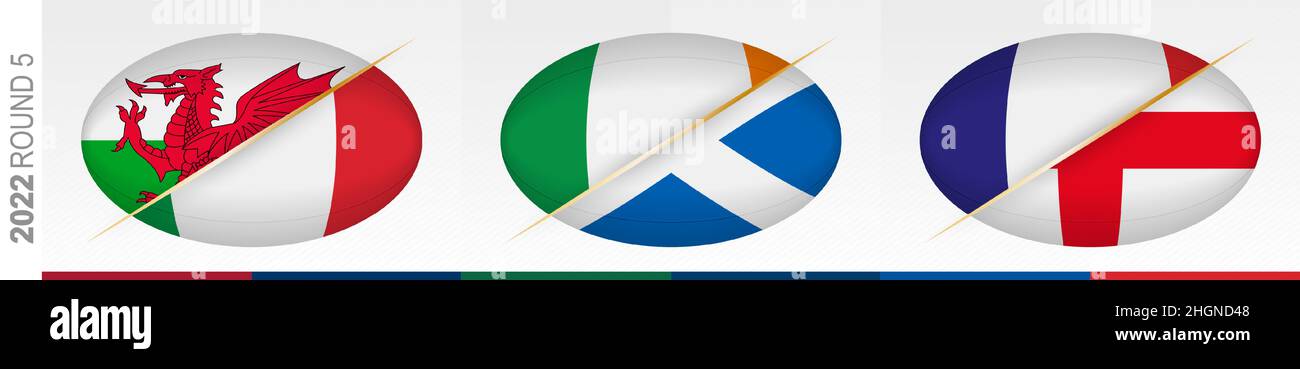 Rugby matches of round five: Wales versus Italy, Ireland versus Scotland, France versus England. Concept for rugby tournament, vector flags stylized R Stock Vector