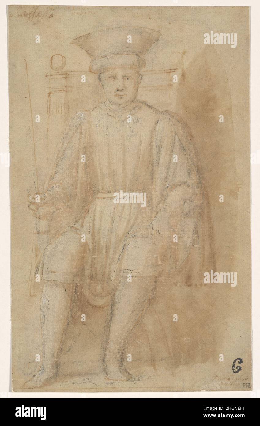 A Man Seated on a Throne second half 15th century Follower of Piero della Francesca This drawing of an enthroned man holding a scepter may be a portrait of an unidentified ruler, and was perhaps intended for a cycle of illustrious men. In its format, size, and iconography, the drawing recalls popular fifteenth-century tarot cards (tarocchi), and specifically “emperor” cards, which portray similar, closely cropped images of enthroned male figures with attributes of rulership. Formerly associated with Piero della Francesco, the drawing was produced by a less-talented follower.. A Man Seated on a Stock Photo