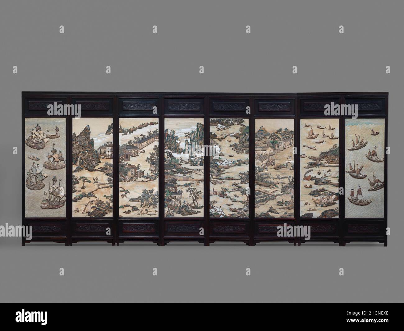 Folding screen with figures in a landscape 19th century China The