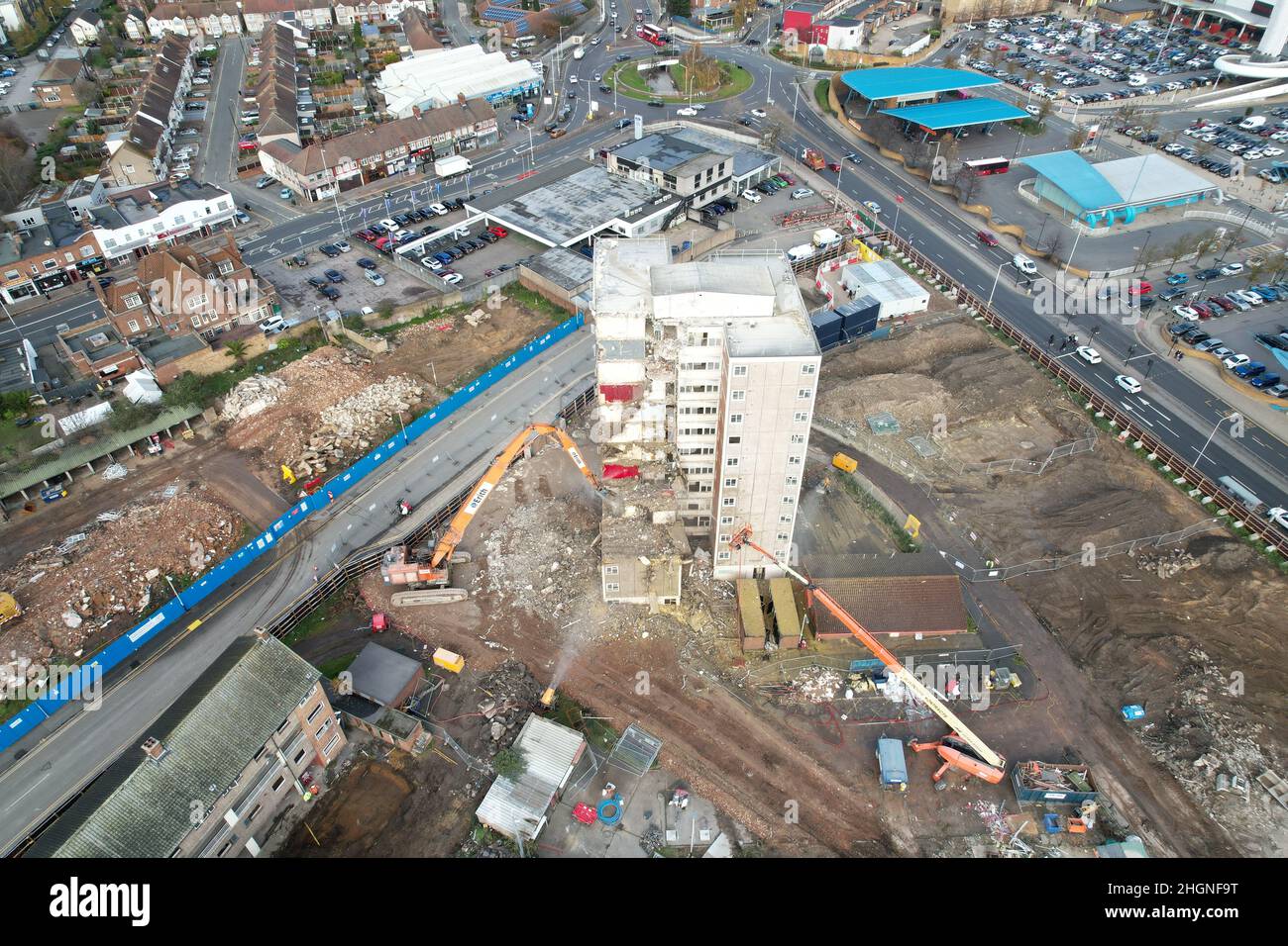 Waterloo Road and Queen Street. Romford Essex UK demolition drone view Stock Photo