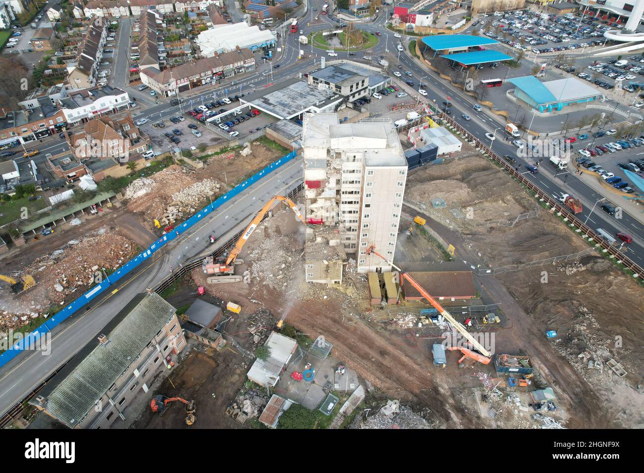 Waterloo Road and Queen Street. Romford Essex UK demolition drone view Stock Photo