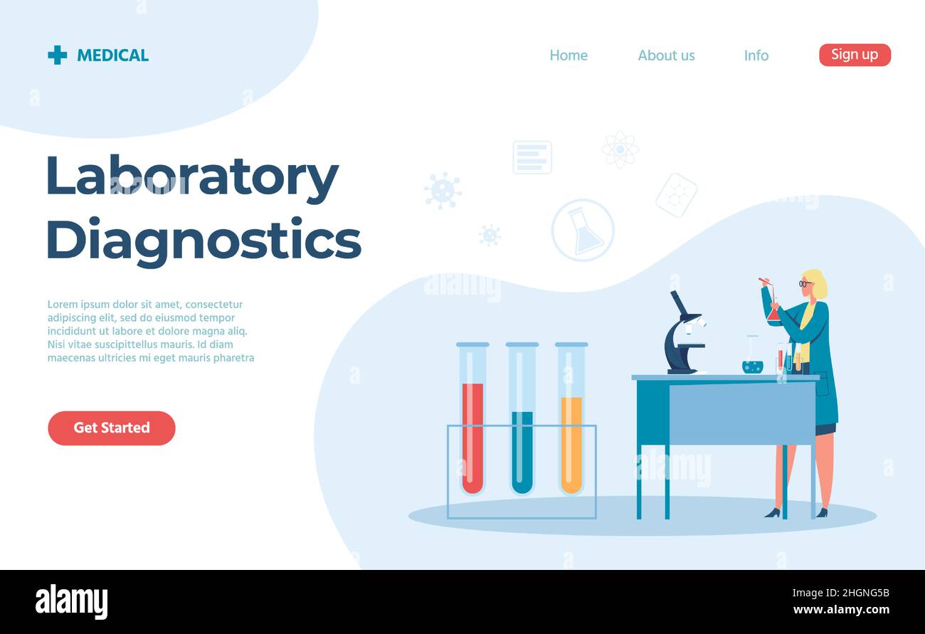 Biology laboratory diagnostics by doctor landing page. Vector medical ...