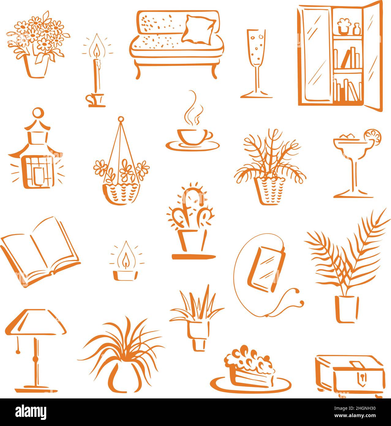 Home hygge, relax mood. Hand-drawn brush doodles of couch or sofa, house plants, book and tablet with earbuds, tealight and candle, cake or pie and dr Stock Vector