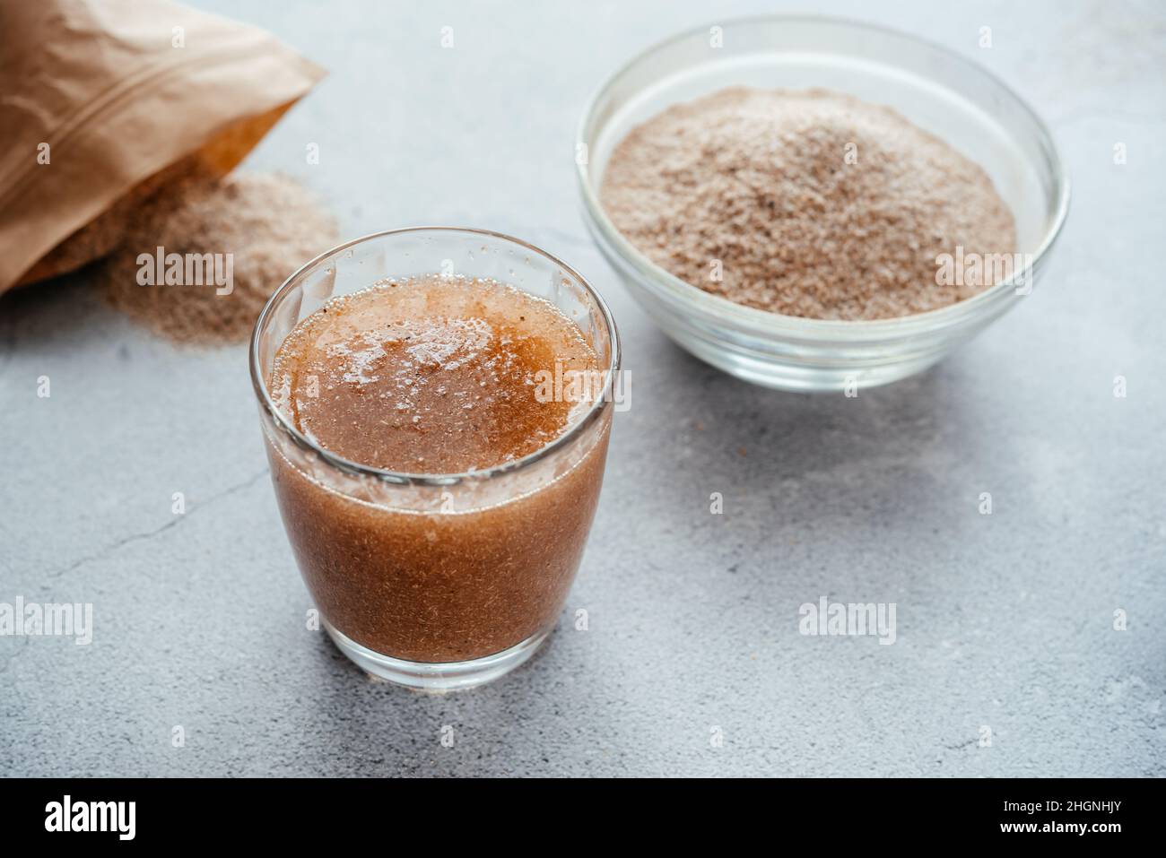 A glass of water soluble psyllium husk dietary fiber supplement Stock Photo