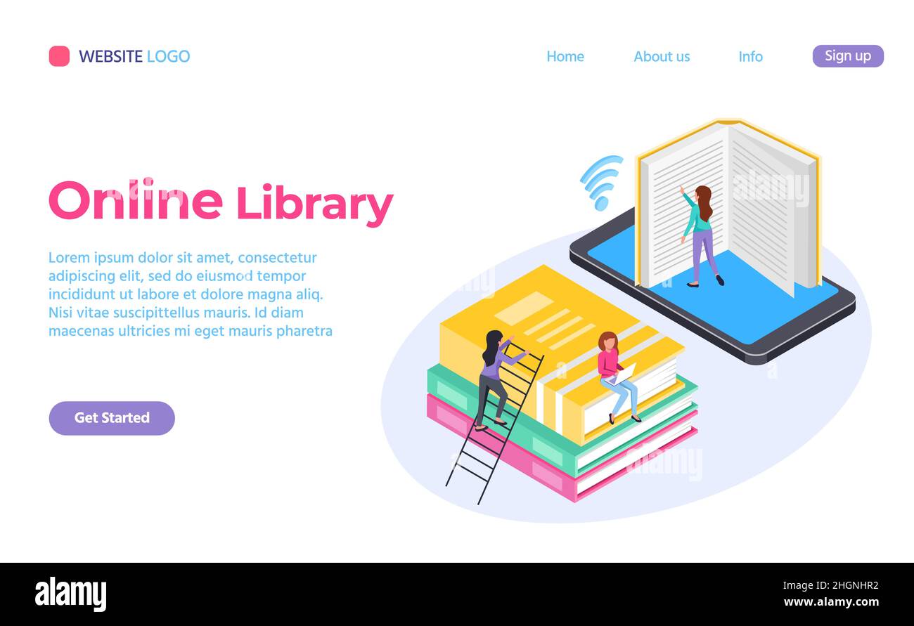 Online library isometric 3d style web landing page. Vector library web ...