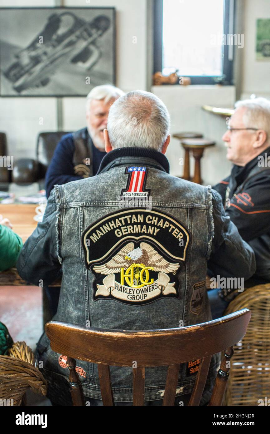 Harley Davidson riders of the Mainhattan Chapter Germany meeting in Frankfurt Main . Stock Photo