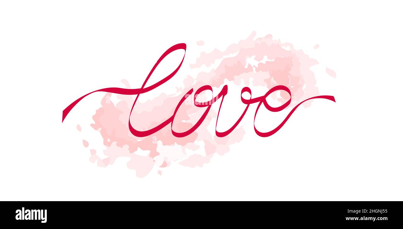 Word Love, lettering written by flying red ribbon or red thread of destiny, on pink splash, brush stroke background with scattered drops. Cute isolate Stock Vector