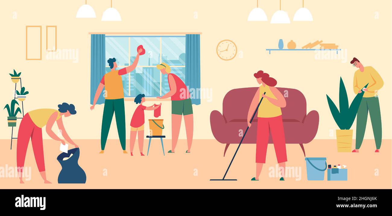 People cleaning home together, wash window and floor. Vector people