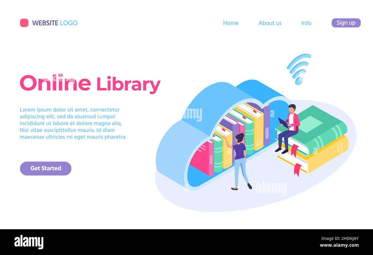 Reading online service isometric, library landing page. Illustration of ...