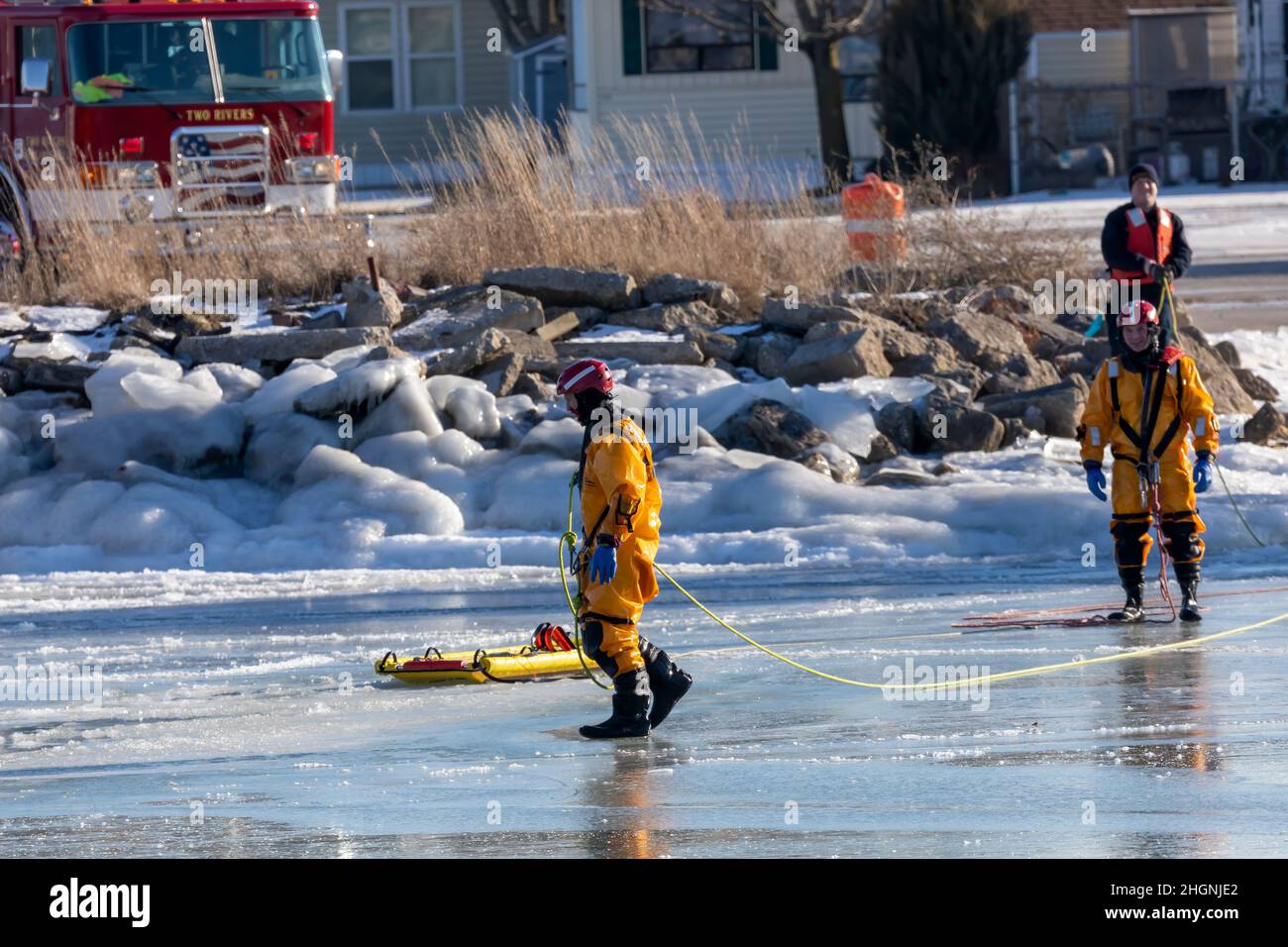 Two Rivers, WI USA January 21 2022 the fire rescue team is practicing