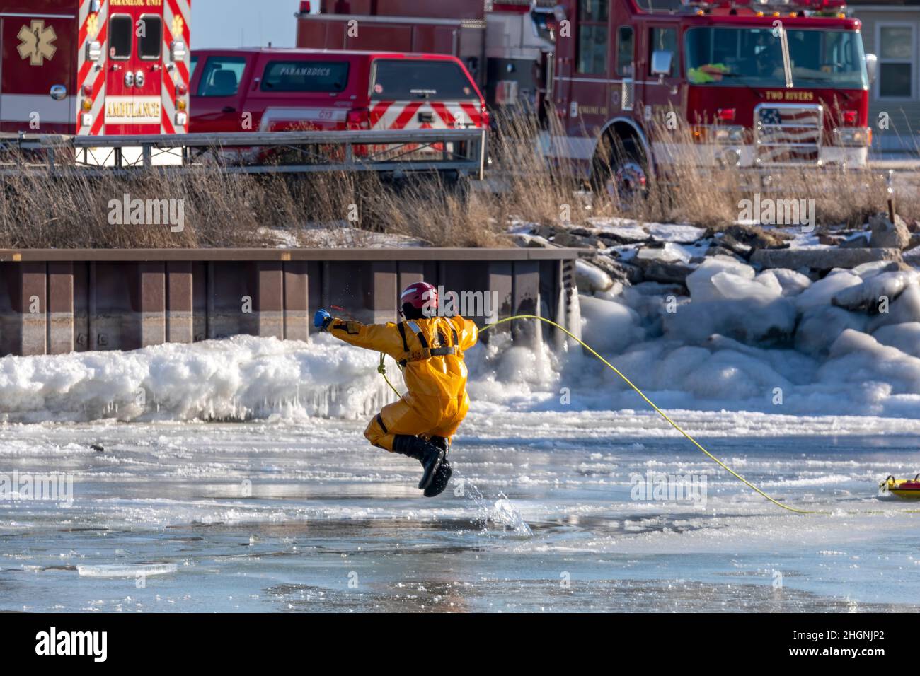 Two Rivers, WI USA January 21 2022 the fire rescue team is practicing