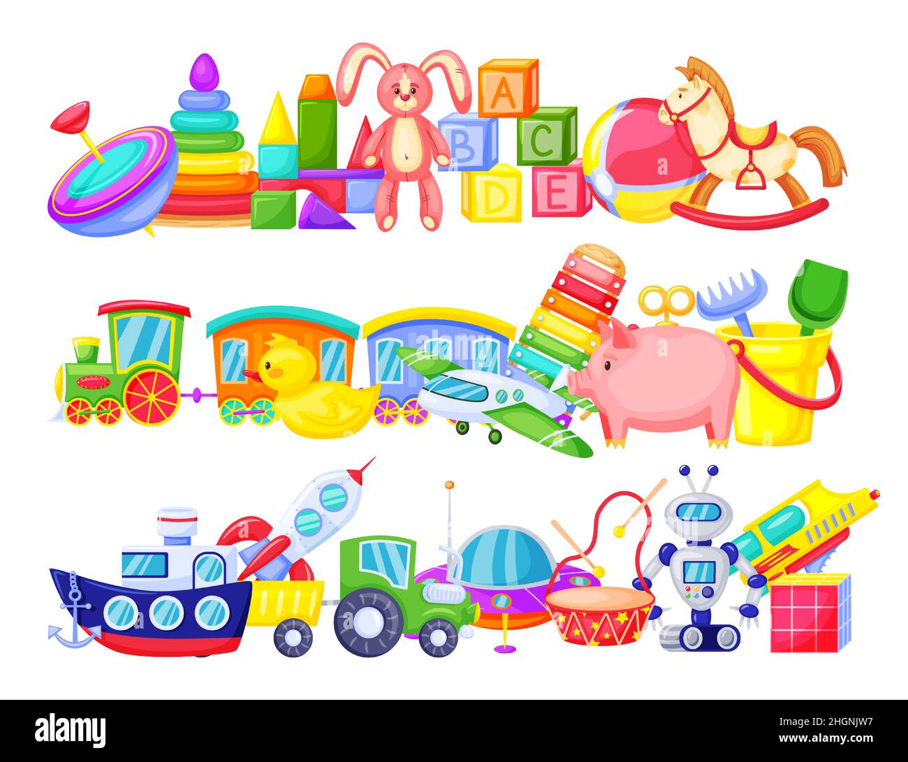 Kids toy piles, horse and rabbit for kindergarten. Vector pile toys for entertainment in childhood illustration, airplane and bear Stock Vector