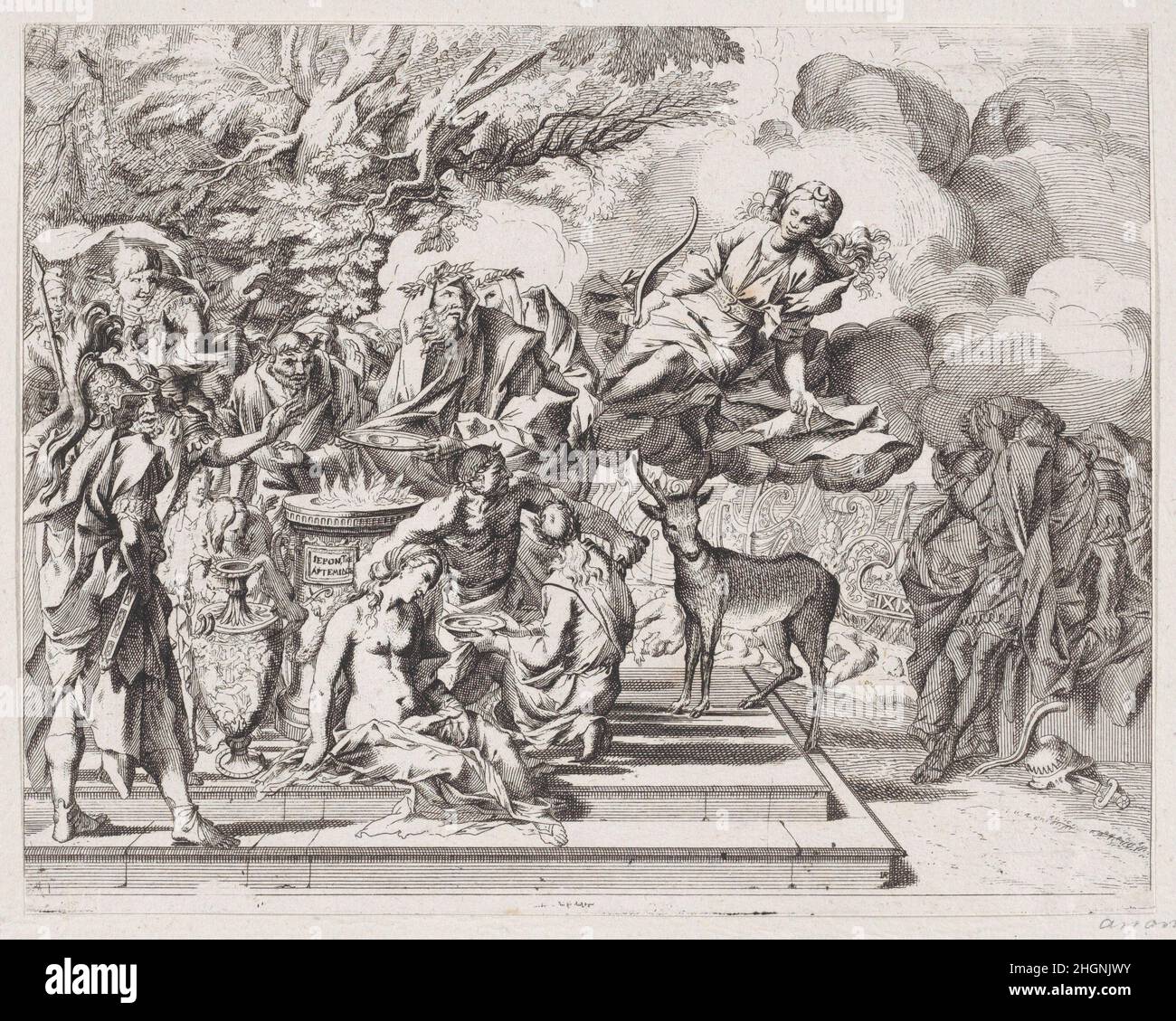 The sacrifice of Iphigenia 1650–1700 Attributed to Arnold van Westerhout Flemish This is a copy in reverse after Testa's print, for which see B.XX.221.23. The sacrifice of Iphigenia. Attributed to Arnold van Westerhout (Flemish, Antwerp 1651–1725 Rome). 1650–1700. Etching. Prints Stock Photo