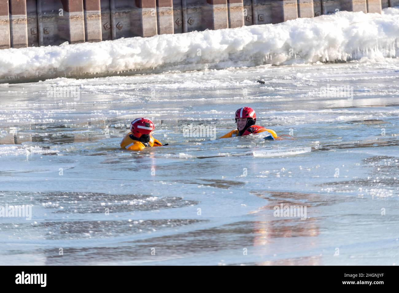 Two Rivers, WI USA January 21 2022 the fire rescue team is practicing