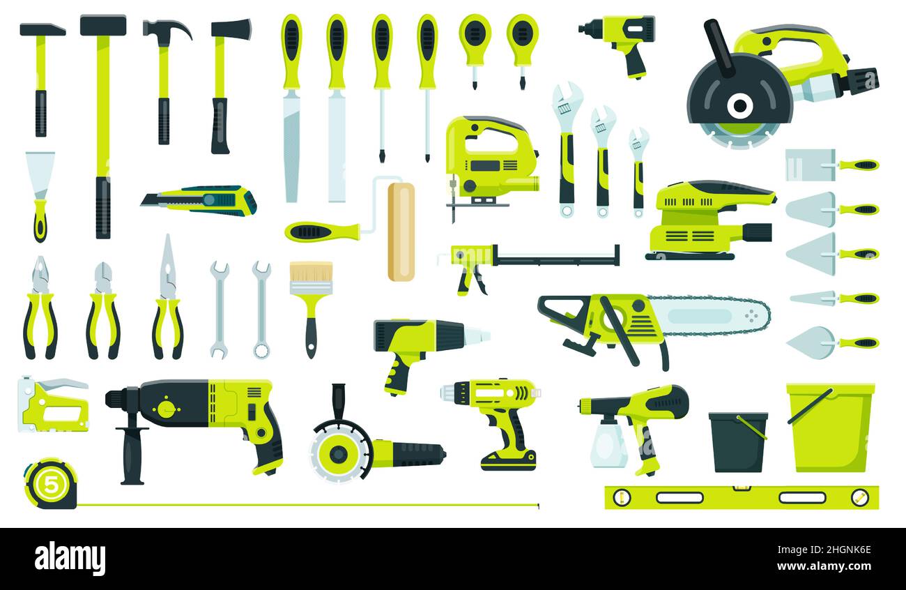 Working tools of set, ax hammer, drill, screwdriver, saw. Vector set of ...