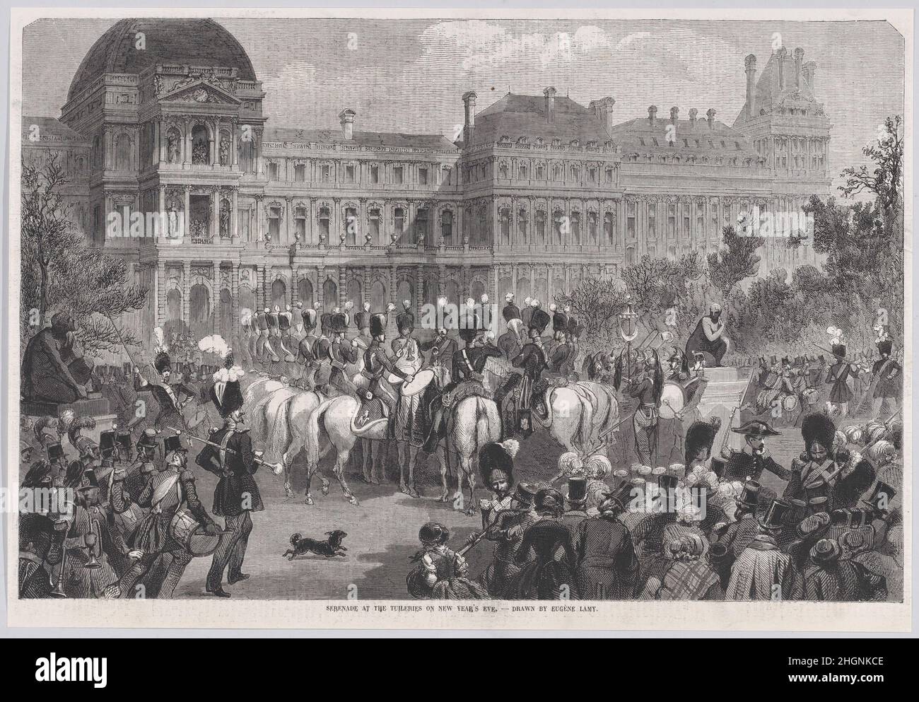 Serenade at the Tuileries on New Year's Eve, from 'Illustrated London News' December 24, 1853 After Eugène-Louis Lami Members of the National Guard troop through the Tuileries Gardens early on New Year's morning and pause infront of the palace to perform out of respect to Emperor Napoleon III. Related text suggests that the loud noise of brass and drums were not welcomed by Parisians, coming so close on the heels of New Year's Eve celebrations. Lami, who designed the image had studied with Horace Vernet and Antoine-Jean Gros and was known for his military subjects. The 'Illustrated London News Stock Photo