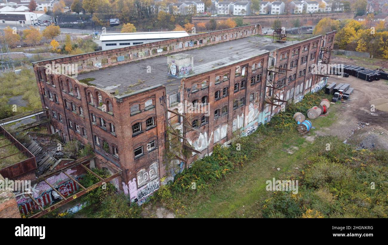 Great Northern Railway Warehouse Nottingham UK abandoned derelict building  Aerial drone view Stock Photo