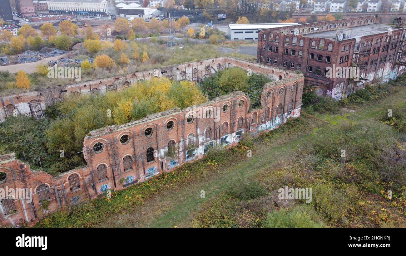 Great Northern Railway Warehouse Nottingham UK abandoned derelict building  Aerial drone view Stock Photo