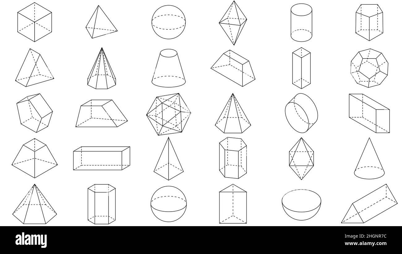 Set of basic stereometrics shapes line cuboid octahedron pyramid prism cube cone cylinder torus. Geometric, isometric shapes icon. Outline vector illu Stock Vector
