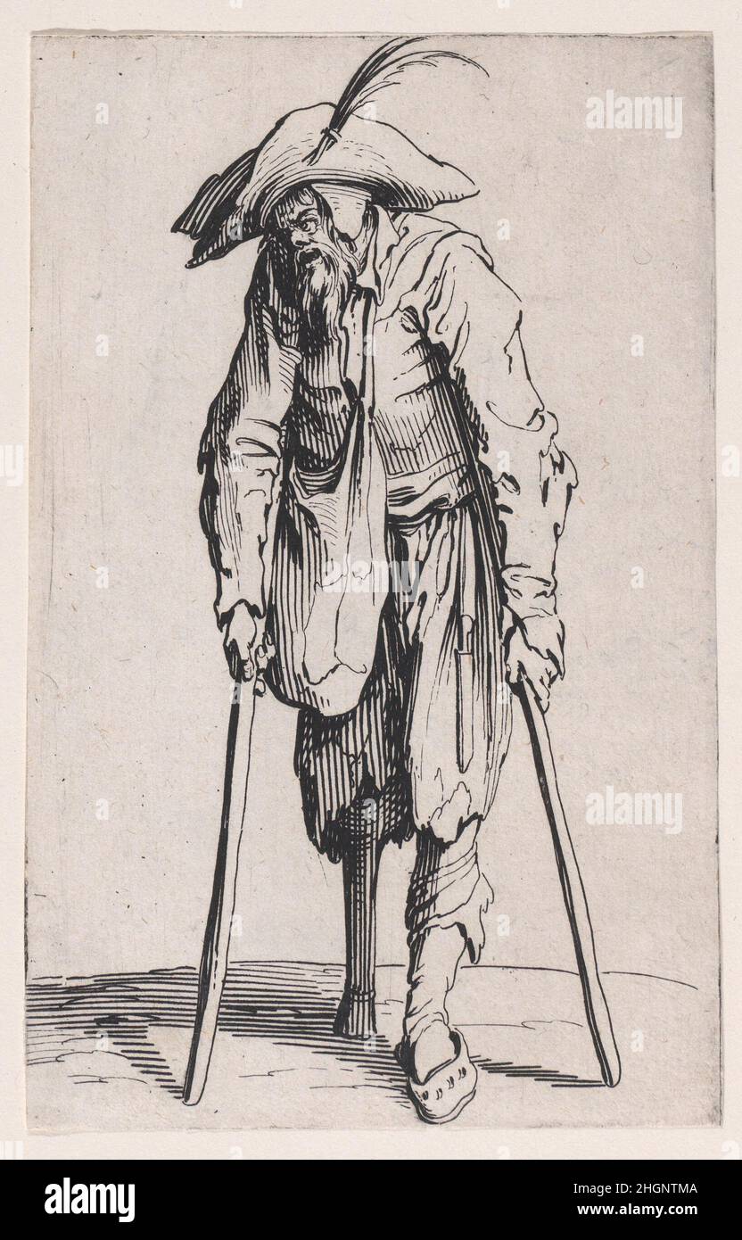 Le Mendiant a la Jambe de Bois (The Beggar with a Wooden Leg), from Les Gueux suite appelée aussi Les Mendiants, Les Baroni, ou Les Barons (The Beggars, also called the Barons) ca. 1623 Jacques Callot French. Le Mendiant a la Jambe de Bois (The Beggar with a Wooden Leg), from Les Gueux suite appelée aussi Les Mendiants, Les Baroni, ou Les Barons (The Beggars, also called the Barons). Les Gueux suite appelée aussi Les Mendiants, Les Baroni, ou Les Barons. Jacques Callot (French, Nancy 1592–1635 Nancy). ca. 1623. Etching; first state of two (Lieure). Prints Stock Photo