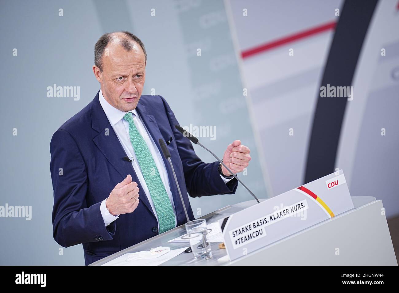Berlin, Germany. 22nd Jan, 2022. Friedrich Merz, future CDU federal chairman, speaks before his election at the CDU's federal party conference at Konrad Adenauer Haus. Merz was elected as the new federal chairman of the CDU at the party's 34th convention. Due to the pandemic, the party congress is being held purely digitally. The result of the election must therefore still be confirmed by postal vote. (to dpa portrait 'Merz - with clear edge and conservative profile to CDU renewer') Credit: Michael Kappeler/dpa/Alamy Live News Stock Photo