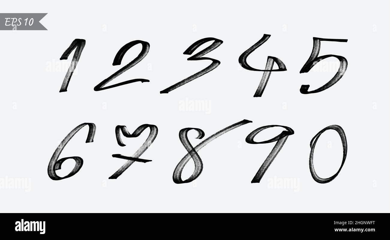 Numbers 0-9 written with a brush on a white background.  Easy editable layered vector illustration. Stock Vector