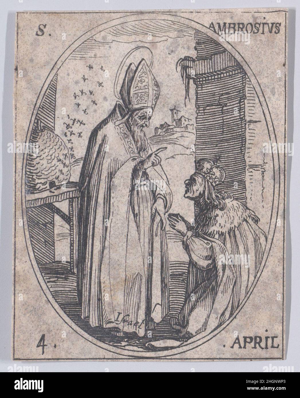S. Ambroise (St. Ambrose), April 4th, from Les Images De Tous Les Saincts et Saintes de L'Année (Images of All of the Saints and Religious Events of the Year) 1636 Jacques Callot French This print is part of a series comprised of a title page, frontispiece, and 122 plates. Each of these 122 plates contains four oval scenes depicting Saints and Religious Events for each day of the year. This etching was originally one of four oval scenes on a plate in the series.. S. Ambroise (St. Ambrose), April 4th, from Les Images De Tous Les Saincts et Saintes de L'Année (Images of All of the Saints and Rel Stock Photo